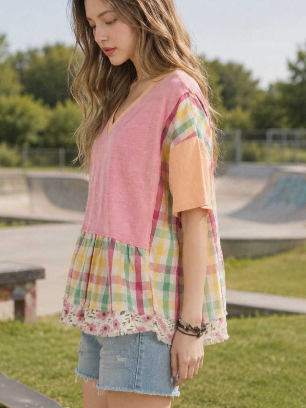 Sage + Fig Boho Baggy Upcycle T Shirt Style Ruffle Hem Slouchy Feminine Top - Picture 2 of 10